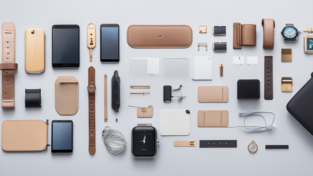 Okosóra kiegészítők elegáns elrendezésben - különböző szíjak, képernyővédők, töltőállványok fehér felületen